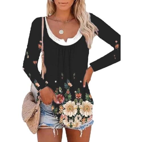 40%HOTWomen T-shirt Floral Print Fake Two Piece Autumn Round Neck Long Sleeve Blouse Streetwear