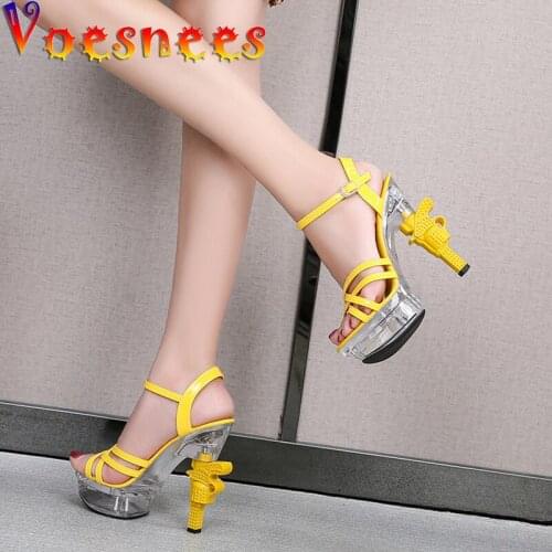 Voesnees Womens Sandals Strange Pistol Heel Women Shoes 2021 New Summer Cross-tied High Heels Transparent Platform Party Shoes