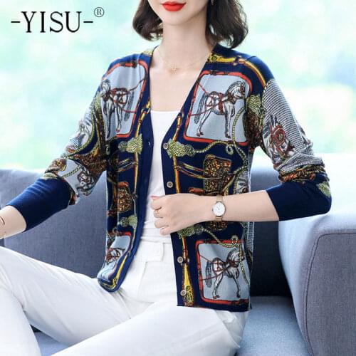 YISU Sweaters Cardigan Women soft Cardigan Fashion long Sleeve V-neck Printed sweater cardigan Spring Autumn Sweaters Coat