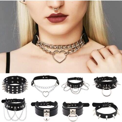 Leather Collar Choker Women Circle Goth Punk Choker Chain Silver Color Collar Sexy Chocker Rivet Chain Necklace Festival Jewelry
