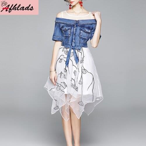 Summer New Style Short Sleeved Fashion Mesh Stitching Round Neck Beaded Irregular Dress Women High Quality Denim Vestidos