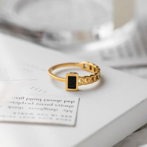 YUN RUO New Arrival Titanium Steel Senior Black Rectangular Chain Ring Female Not Fade Niche Design Personality Fashion Jewelry