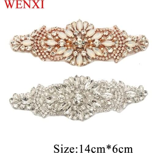 WENXI 1PCS Handmade Protein Beads Clear Rose Gold Crystal Rhinestones Applique For Wedding Dress Waistband Accessory WX856