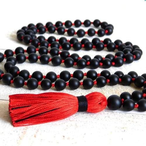 108 Beads Mala Necklace Handmade Tassel Jewelry For Unisex 8mm Matte Black Onyx Hand Knotted Necklace With Red Tassel
