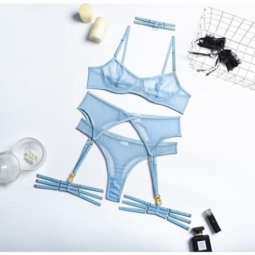 3pcs Ladies Sexy Solid Sensual Lingerie Set Mesh Underwear Women Push Up Bra Garters Brief Sets Transparent Seamless Blue Bra