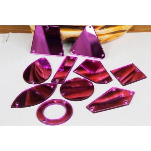 50pcs Top quality Purple color mix shaped flat back mirror organic glass sew on acryl rhinestones with holes