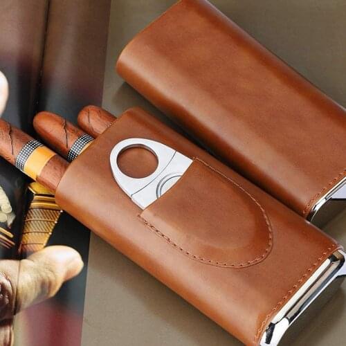 AT69 -High Quality 3-Finger Humidors Portable Cigar Box Brown Cigar Leather Case with Cigar Cutter
