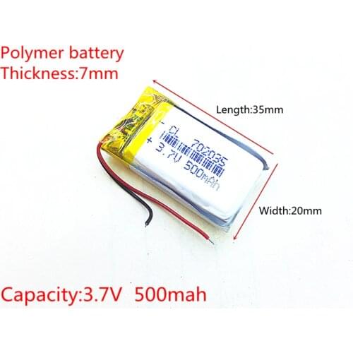Free shipping Polymer battery 500 mah 3.7 V 702035 smart home MP3 speakers Li-ion battery for dvr,GPS,mp3,mp4,cell phone,speaker