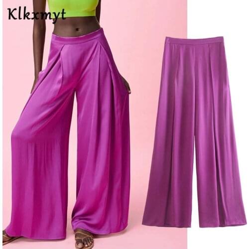 Klkxmyt Za Pants For Women Purple Satin High Waisted Woman Trousers Summer 2021 Ruched Streetwear Casual Loose Wide Leg Pants