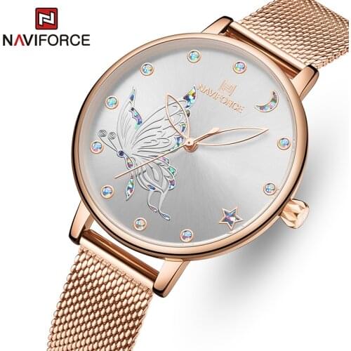 NAVIFORCE Top Brand Luxury Crystal Watch Women Rose Gold Steel Mesh Ladies Wrist Watches Bracelet Girl Clock Relogio Feminino