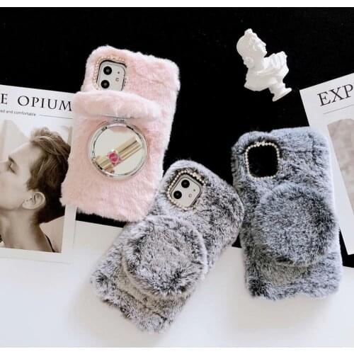 For iPhone 11 Pro Max 11Pro XS Max XR X 7 8 Plus 6 6s + Case Plush Magnet Mirror Warm Hand Soft Winter Cover Kickstand Funda