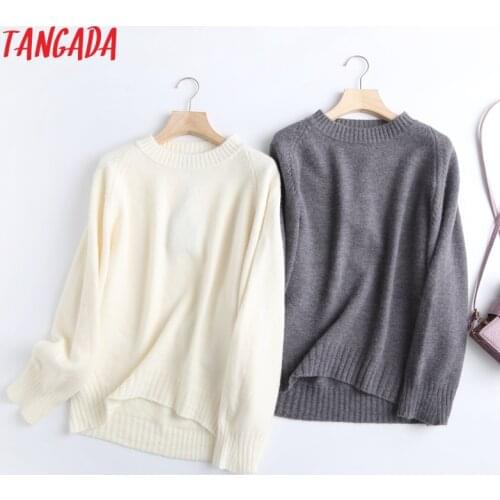 Tangada Women 2021 Fashion Elegant Beige Knitted Sweater Jumper O Neck Female Oversize Pullovers Chic Tops 6D24