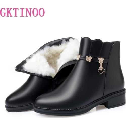 GKTINOO 2021 Genuine Leather Ankle Boots Warm Wool Snow Boots Women Square Heel Ladies High Quality Winter Boots Fashion Shoes