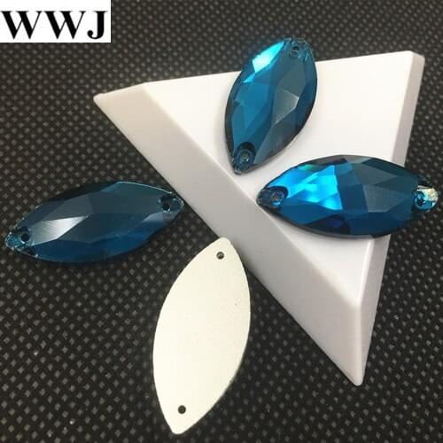 Blue Zircon Color Glass Crystal Navette Sew On Stone 15x31mm Marquise Shape Flat Back 2holes Sewing Jewelry Beads