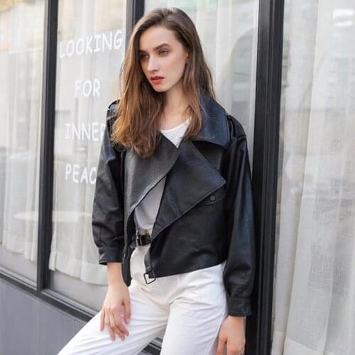 Spring Autumn Leather Jacket Women Loose Turn Down Collar Beige Faux Leather Coat Female Biker Moto Short Outwear Ladies Jacket