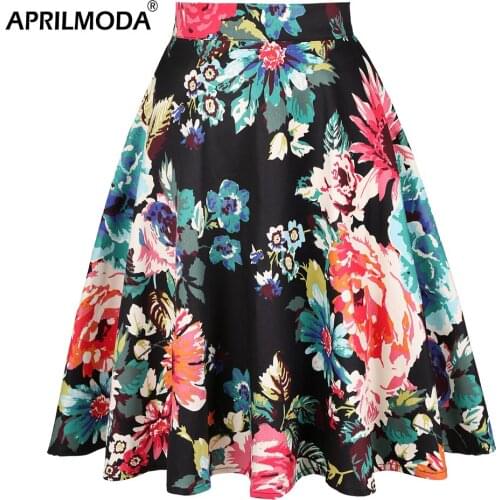 Summer Women Floral Casual Pleated Skirt High Waist Cotton Steampunk Black Kawaii Pinup Rockabilly 50s Vintage Skater for Party