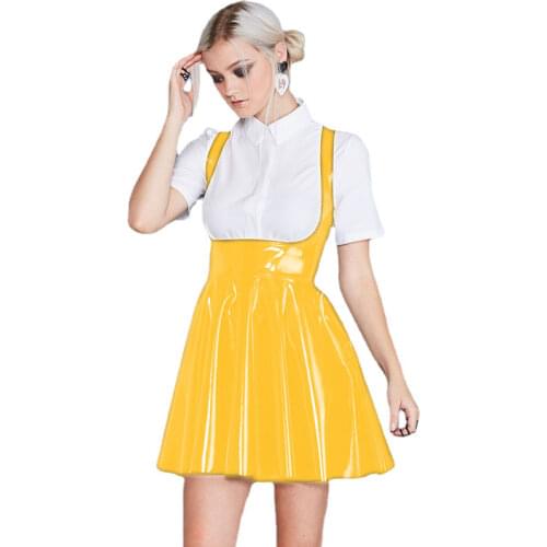 Fashionable Women Leather PVC Mini Suspender Skirt Solid Color Sleeveless Low Cut Sling Skirt 2021 New Sweet A-line Strap Skirts