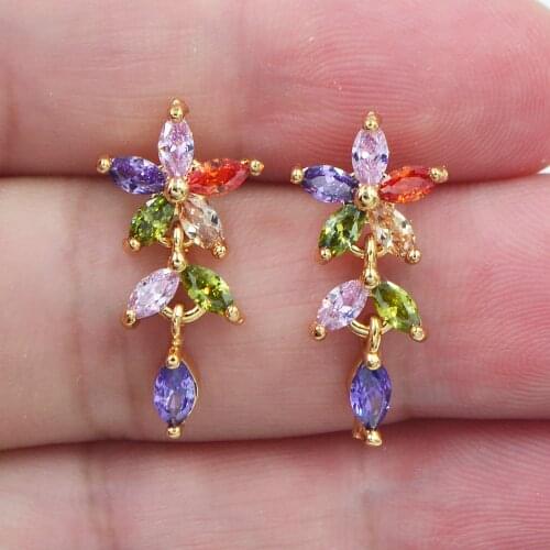 Fashion Jewelry Gold Color AAA+ Cubic Zirconia Multicolor CZ Flower Dangle Stud Earrings For Women