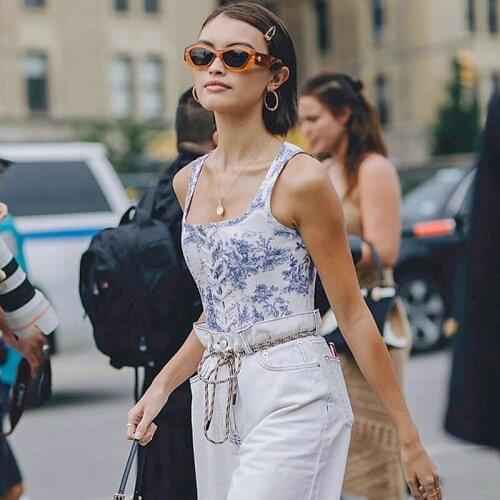 Y2K Blue Fashion Printing Corset Crop Tops Women Lace Up Square Collar Sexy Tank Top Ladies Bandage Slim Bustier 2021 Summer