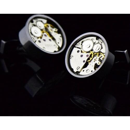 1 Paris Black Round Watch Movement Sleeve Nails Mens Shirt Cufflinks Buttons Jewelry Clothing Accessories