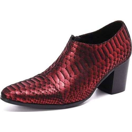 2021New Luxury 7.5cm High Heel Mens Shoes Pointed Toe Fish Pattern Leather Ankle Boots Men Zip Red Party and Wedding Shoes Male