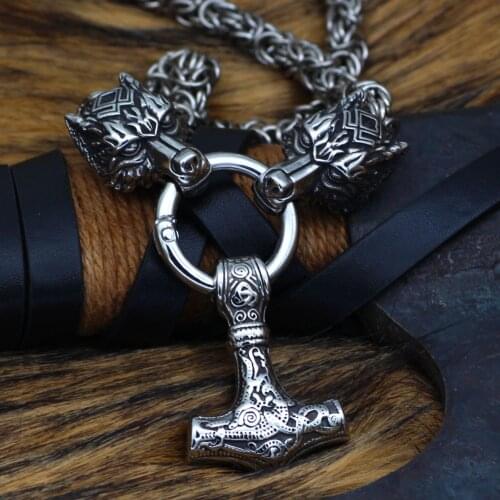 Stainless steel Mjolnir necklace men thor hammer necklace wolf with mjolnir necklace