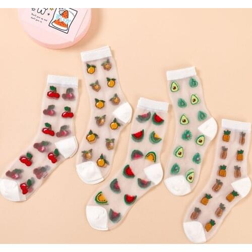 New Korean Style Harajuku Crystal Silk Tide Girl Socks Funny Fruit Avocado Watermelon Pineapple Happy Women Socks Casual Sox