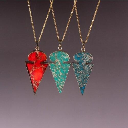 2017 New Summer Style Triangle Shape Quartz Gold Color Bezel Druzy Emperor Stone Pendant Multi Color Necklace for Women