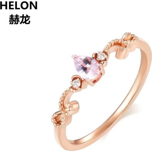 Solid 14k Rose Gold Natural Diamonds Engagement Wedding Ring 4x6mm Pear Pink Morganite Ring Fine Jewelry Women Vintage