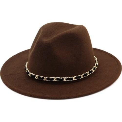 Women Men Panama Jazz Wool Felt Fedora Hat with Metal Chain Lady Flat Brim Formal Party Trilby Stage Top Hats 11 Colors