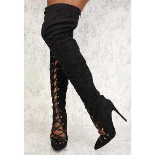 Sexy Black Stretch Fabric Over The Knee Thigh High Boots Pointed toe Cut-out Slim Fit Women High Boots Ladies Shoes With Heel