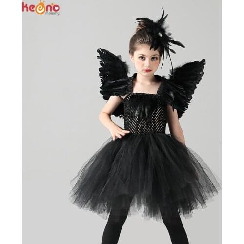 Black Swan Girls Tutu Dress with Feather Wing and Hair Clip Evil Queen Kids Halloween Carnival Party Costume Ballet Tutu Dress