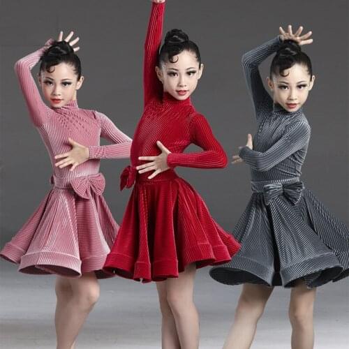Latin Dance Competition Dresses Childrens Practice Clothes Girls Long-Sleeve Velvet Dress For Ballroom Stage Dancewear DL6163