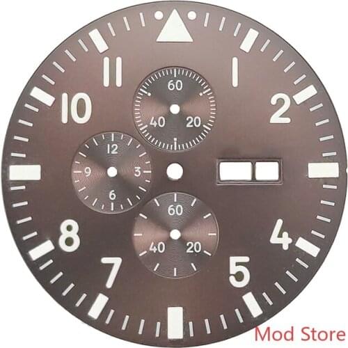 FULL LUMINOUS 37.7mm Brown/Black Pilots Chronograph Watch Dial Copper Set For Miyota Cal.0S00 Movement FULLY LUMED 12 Hours