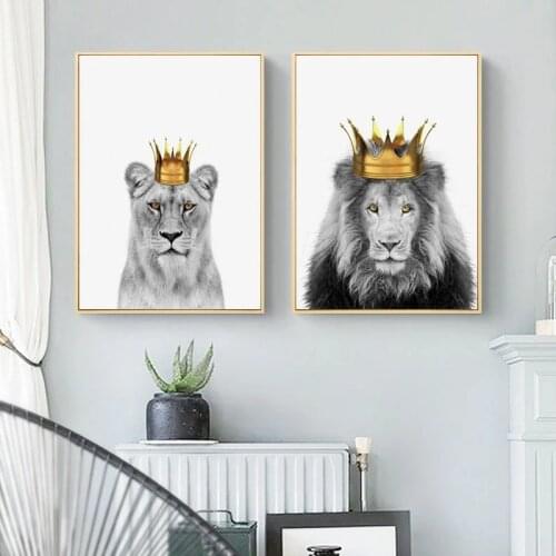 Lion and Lioness with Crown Canvas Poster Grassland King Animal Wall Art Print Painting Nursery Wall Art Picture for Living Room