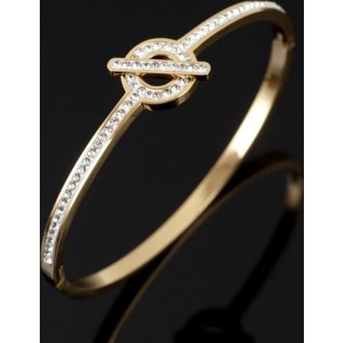 Luxury Hollow OT Design Stainless Steel Bangles For Women Ladies Girls Fashion CZ Crystal Gold-plated Womens Bracelet Jewelry