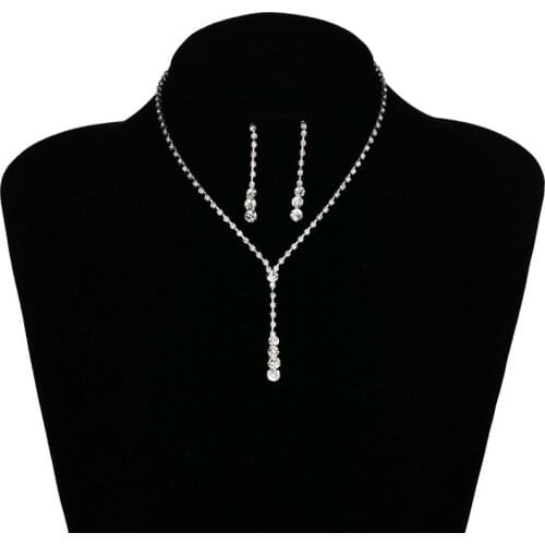 Classic Simple Solid Color Rhinestone Water Drop Pendent Earrings Necklace Set Korean Neck Ear Jewelry Sets for Women Girls Gift