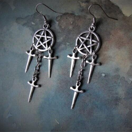 Pentagram Swords Earrings Silver Plated Huggie Hoops Dangle Witchy Jewelry Pagan Wiccan Tarot Gothic Emo Women Gift 2020 NEW