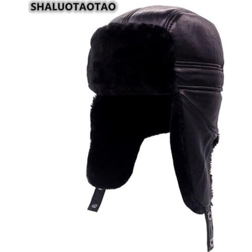 SHALUOTAOTAO Dads Hat Winter Thicken Thermal Sheepskin Bomber Cap Fashion Plus Velvet Ear Protection Brand Genuine Leather Hat