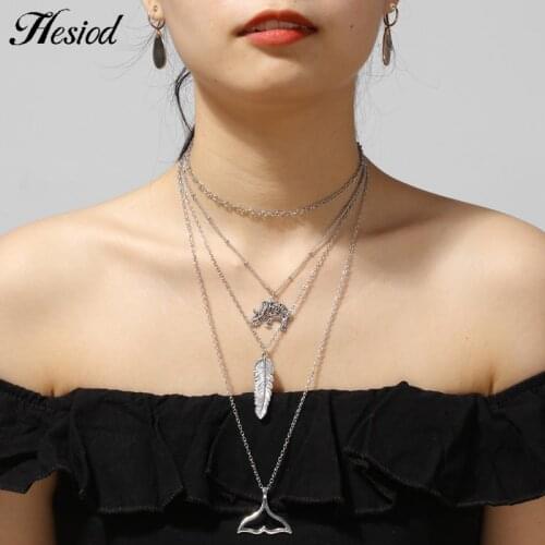 Elephant Man Fishtail Pendant Necklace Multilayer Fashion Silver Plated Color New Party Charm Jewelry Accessories For Women