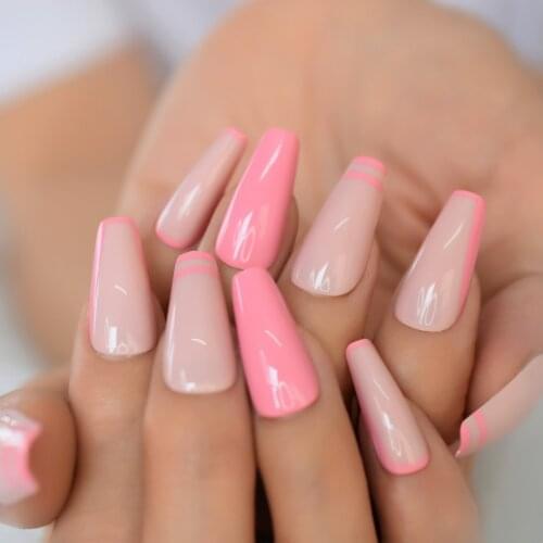 Medium Long Girly Pink Fake False Nails Glossy Gel Tips 12 Sizes Acrylic Nail Coffin Press On Nails 24PC