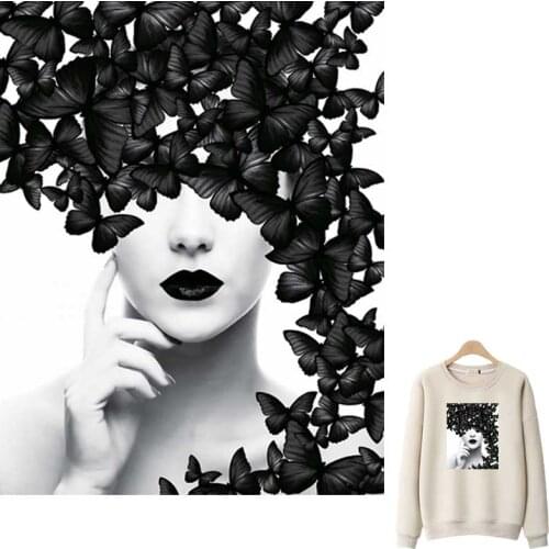 Butterfly Girl Patches For Clothes DIY Washable T-Shirts Heat Transfer Thermal Sticker Retro Oil Painting Style Iron On Applique
