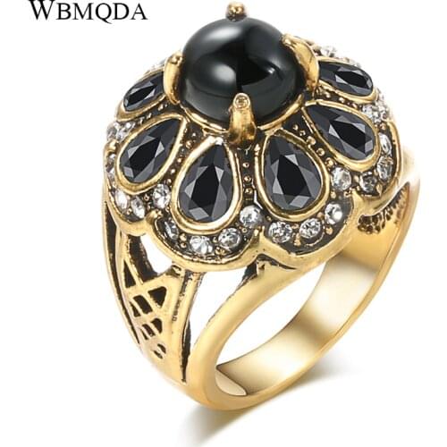 Wbmqda HOT 2002 Fashion Black Stone Rings For Women Vintage Wedding Jewelry Antique Gold Color Resin Crystal Flower Ladies Ring