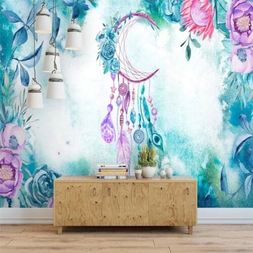 Wellyu Nordic modern art hand-painted watercolor flowers and plants feather wall custom large mural green wallpaper