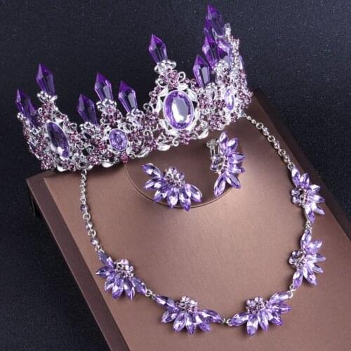 YUNUO NEW Purple Crystal Bridal Necklace Earrings Crown Tiaras Set Wedding Dress Accessories Beads