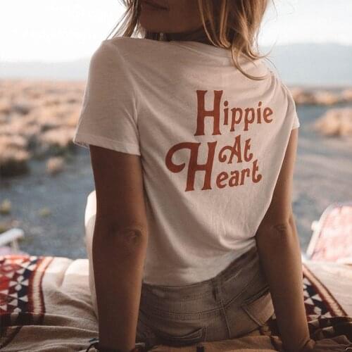 Hippie at Heart Printed On the Back Aesthetic Shirt For Women White Cotton Short Sleeve Casual Tops Loose Vintage Graphic Tees
