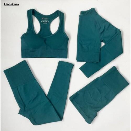 2/3/4 Piece Set Women Long Sleeve Crop Top Fitness Gym Yoga Seamless Suits Workout Sportswear Running High Waist Pants Quick Dry