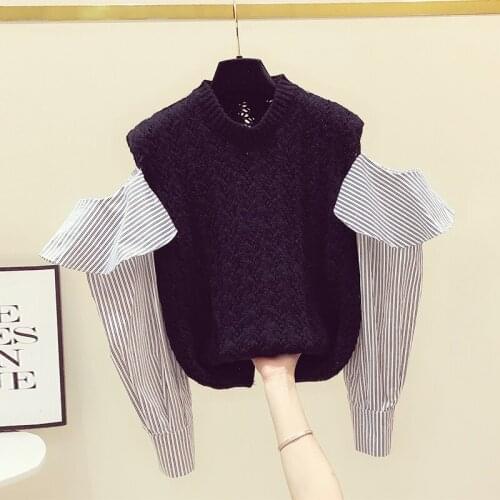 Womens Striped Ruffled Off-Shoulder Sweater 2020 Autumn Winter New O-Neck Stitching Loose Knitted Top Fashion Knit Pullover