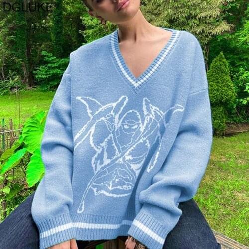 Women Long Sleeve Knitted Oversized Sweater Harajuku Skull Print Pullover knitwear 2021 Autumn Winter Jumper Black Green