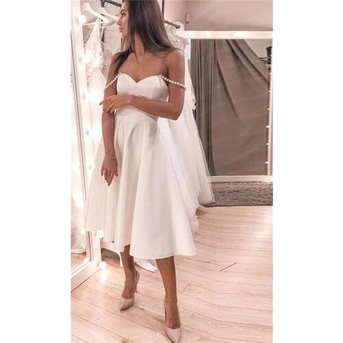 New arrival Sexy Satin Wedding Dress for Women Tea-Length Sleeveless A-Line Off the Shoulder Robe De Mariee Vestido Novia